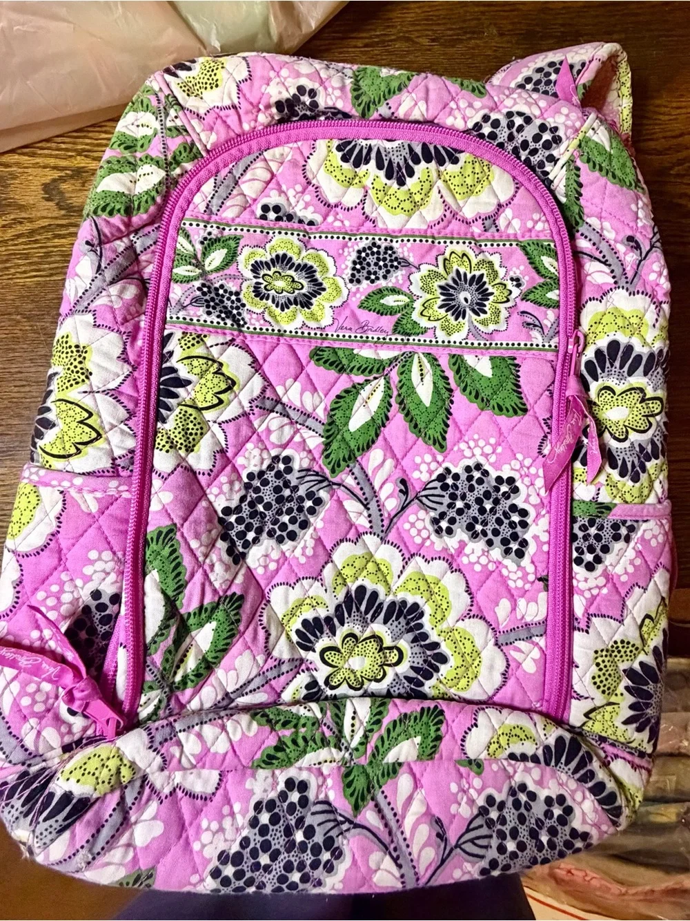 Vera Bradley Pink Floral Quilted Backpack with Green Accents